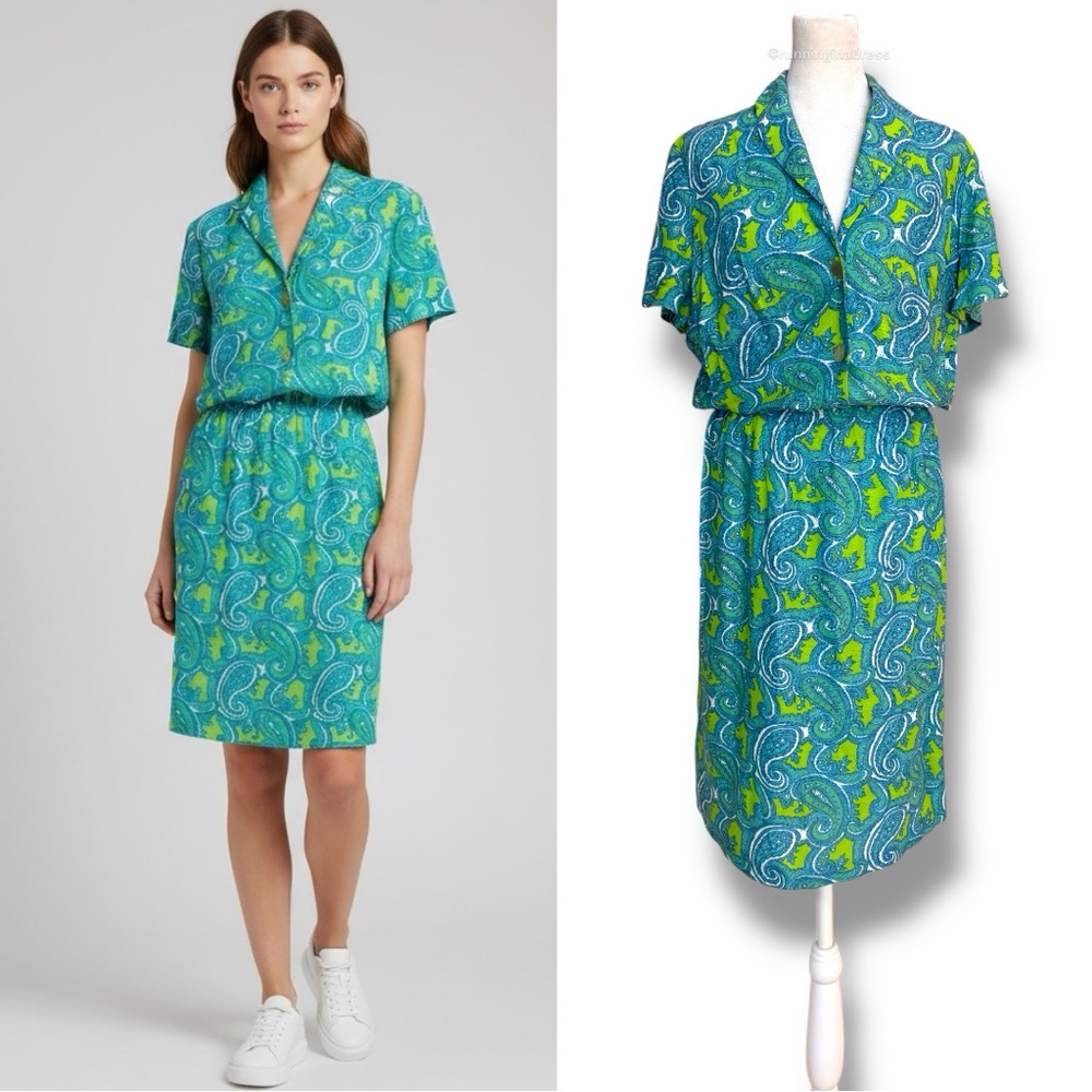 VTG 60s Handmade Psychedelic Paisley 2 Piece Skirt Set Mod Blue Lime Green S/M